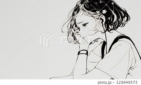 病院のベッドに腰掛けて気落ちしている女性（シンプルな色使い）