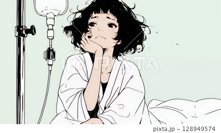 病院のベッドに腰掛けて気落ちしている女性（シンプルな色使い）