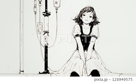 病院のベッドに腰掛けて気落ちしている女性（シンプルな色使い）
