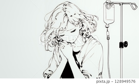 病院のベッドに腰掛けて気落ちしている女性（シンプルな色使い）