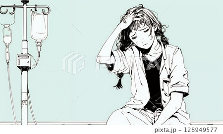 病院のベッドに腰掛けて気落ちしている女性（シンプルな色使い）