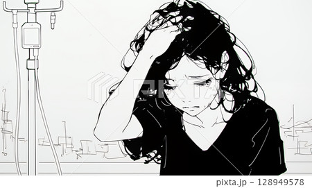 病院のベッドに腰掛けて気落ちしている女性（シンプルな色使い）
