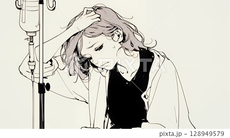病院のベッドに腰掛けて気落ちしている女性（シンプルな色使い）
