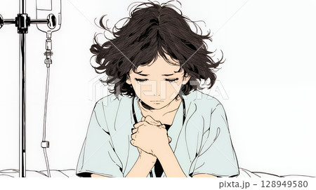 病院のベッドに腰掛けて気落ちしている女性（シンプルな色使い）