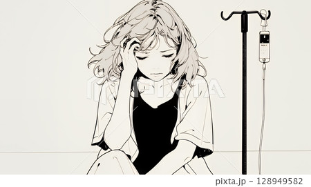 病院のベッドに腰掛けて気落ちしている女性（シンプルな色使い）