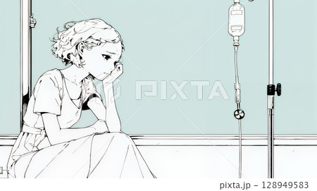 病院のベッドに腰掛けて気落ちしている女性（シンプルな色使い）