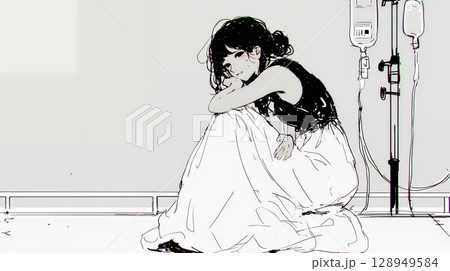 病院のベッドに腰掛けて気落ちしている女性（シンプルな色使い）