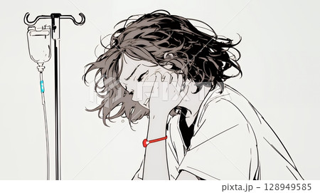 病院のベッドに腰掛けて気落ちしている女性（シンプルな色使い）