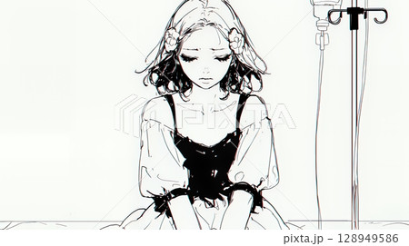 病院のベッドに腰掛けて気落ちしている女性（シンプルな色使い）