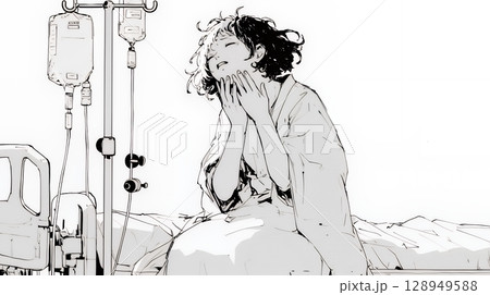 病院のベッドに腰掛けて気落ちしている女性（シンプルな色使い）