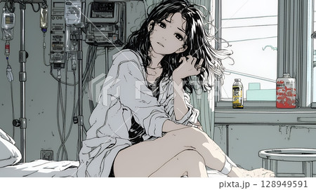 病院のベッドに腰掛けて気落ちしている女性
