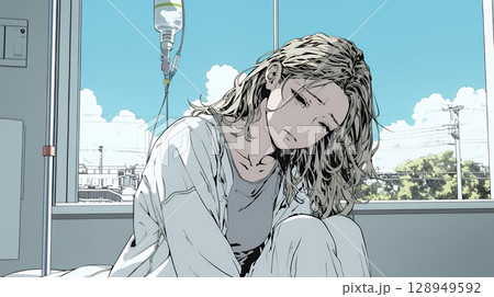 病院のベッドに腰掛けて気落ちしている女性