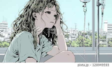 病院のベッドに腰掛けて気落ちしている女性