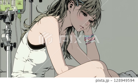 病院のベッドに腰掛けて気落ちしている女性