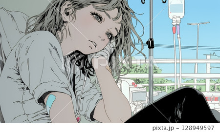 病院のベッドに腰掛けて気落ちしている女性