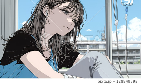 病院のベッドに腰掛けて気落ちしている女性