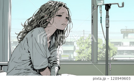 病院のベッドに腰掛けて気落ちしている女性