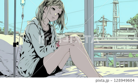 病院のベッドに腰掛けて気落ちしている女性