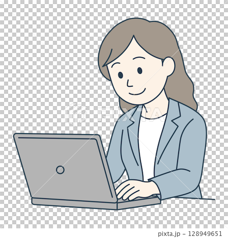 頷きながらPC作業をする若手女性（青系スーツ・カラー） 128949651