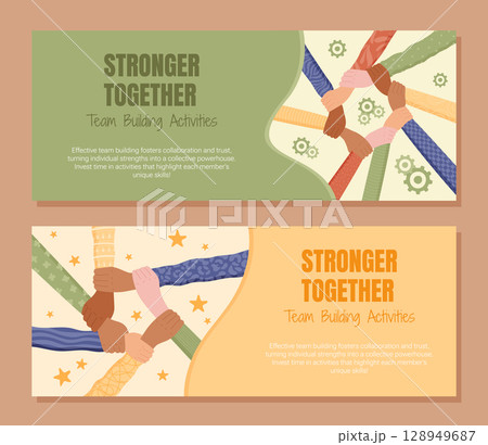 Flat banner of hands symbolizing team collaboration and unity set. Diverse and multicultural group promoting teamwork, solidarity, support. Vibrant set suitable for community, business, social 128949687