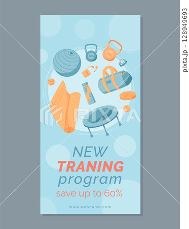 Flat sport equipment training banner with gym tools and workout gear. Fitness dumbbell and yoga weight displayed in a modern style. Banner design template for healthy lifestyle gym background. Flat sport equipment training banner with gym tools and workout gear. Fitness dumbbell and yoga weight displayed in a modern style. Banner design template for healthy lifestyle gym background. 128949693