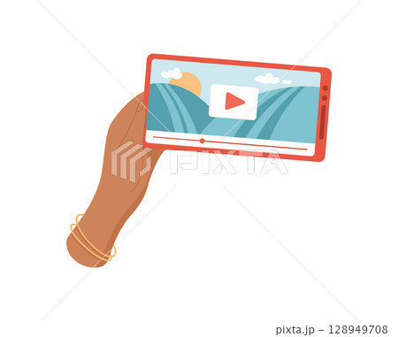 Hand holds a smartphone with a screen displaying video. A user plays video content on the phone. Engaging mobile media interaction, flat design, ideal for online communication. 128949708