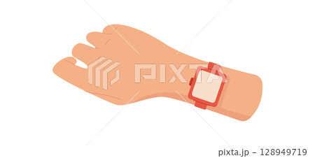Hand holds a stylish smart watch displaying a blank screen. User interacts with digital device using their finger. This modern wrist gadget emphasizes technology, simple aesthetics, flat design, Hand holds a stylish smart watch displaying a blank screen. User interacts with digital device using their finger. This modern wrist gadget emphasizes technology, simple aesthetics, flat design, 128949719