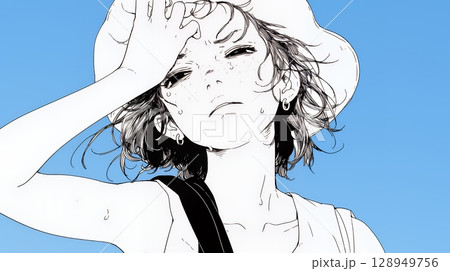 強烈な日差しでヘトヘト状態の女性（シンプルな色使い）