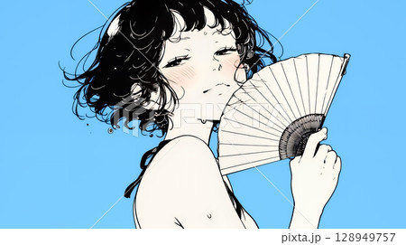 強烈な日差しでヘトヘト状態の女性（シンプルな色使い）