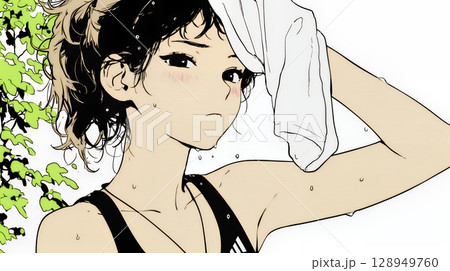 強烈な日差しでヘトヘト状態の女性（シンプルな色使い）