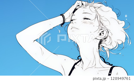 強烈な日差しでヘトヘト状態の女性（シンプルな色使い）