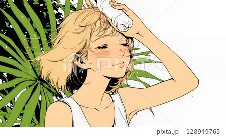 強烈な日差しでヘトヘト状態の女性（シンプルな色使い）