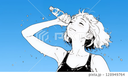 強烈な日差しでヘトヘト状態の女性（シンプルな色使い）
