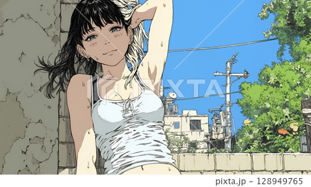 強烈な日差しでヘトヘト状態の女性（シンプルな色使い）