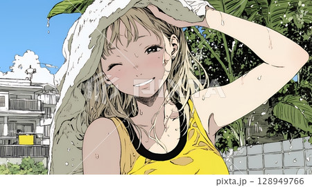 強烈な日差しでヘトヘト状態の女性（シンプルな色使い）