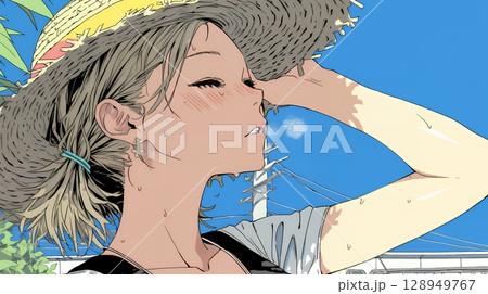 強烈な日差しでヘトヘト状態の女性（シンプルな色使い）