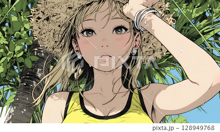 強烈な日差しでヘトヘト状態の女性（シンプルな色使い）