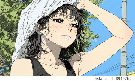 強烈な日差しでヘトヘト状態の女性（シンプルな色使い）
