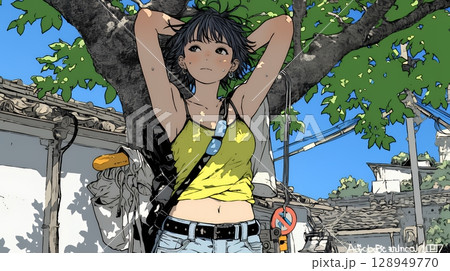 強烈な日差しでヘトヘト状態の女性（シンプルな色使い）