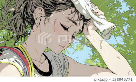 強烈な日差しでヘトヘト状態の女性（シンプルな色使い）