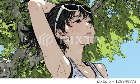強烈な日差しでヘトヘト状態の女性（シンプルな色使い）