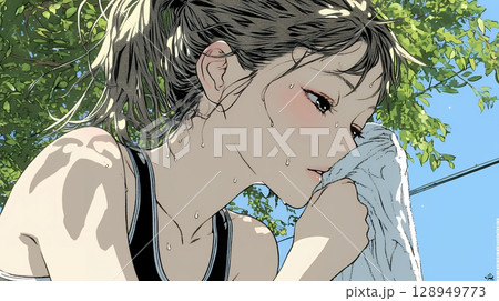 強烈な日差しでヘトヘト状態の女性（シンプルな色使い）
