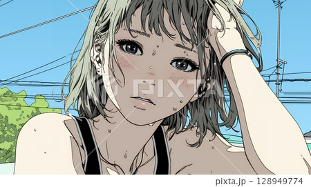 強烈な日差しでヘトヘト状態の女性（シンプルな色使い）