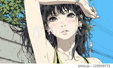 強烈な日差しでヘトヘト状態の女性（シンプルな色使い）