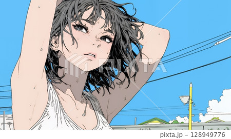 強烈な日差しでヘトヘト状態の女性（シンプルな色使い）