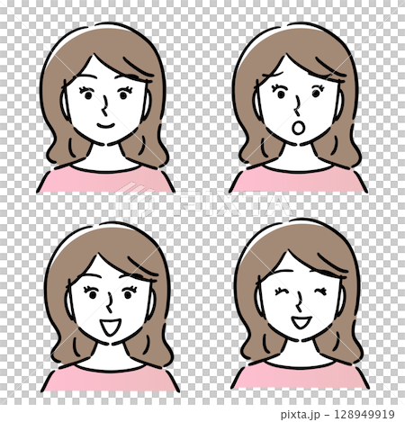 Bust up, female, facial expression, smiling, surprised, 4-piece set 128949919