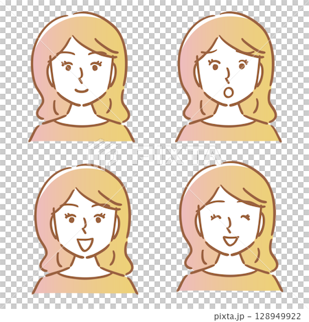 Bust up, female, facial expression, smiling, surprised, 4-piece set Bust up, female, facial expression, smiling, surprised, 4-piece set 128949922
