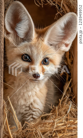 Fennec fox peering from straw nest with large ears and expressive eyes in natural habitat 128949952