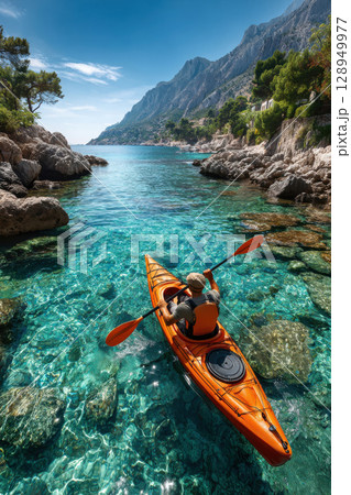 Orange kayak in crystal-clear coastal waters with rocky landscape and sunny sky 128949977