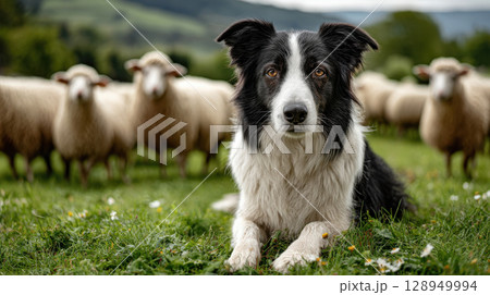 Border collie guarding sheep in lush pasture with rolling hills in the background 128949994